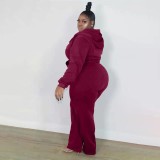 Plus Size Solid Color Hooded Sweatshirt Two Piece Pants Set XMF-343