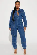 Long Sleeve Denim Single Breasted Jumpsuit LX-3571