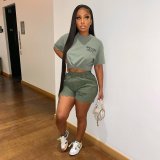 Letter Print Solid T Shirt And Short 2 Piece Set GCSF-5617
