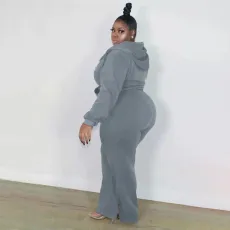 Plus Size Solid Color Hooded Sweatshirt Two Piece Pants Set XMF-343