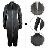 Solid Long Sleeve Zipper Maxi Dress TE-4466