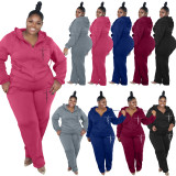 Plus Size Solid Color Hooded Sweatshirt Two Piece Pants Set XMF-343