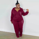 Plus Size Solid Color Hooded Sweatshirt Two Piece Pants Set XMF-343