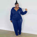 Plus Size Solid Color Hooded Sweatshirt Two Piece Pants Set XMF-343