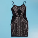 Drilling Velvet Splicing Mesh Sling Mini Dress NY-3128
