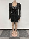 Rhinestone Drawstring False Two Piece See-Through Dress NY-3105