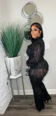 Tassel Sequins See-Through Shirt Pants Two Piece Set NY-3126