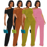 Off Shoulder Short Sleeve Pleated Drawstring Top Pants Set ME-8489