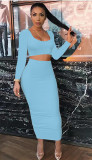 Square Neck Solid Long Sleeve Skirt Two Piece Set ME-8280
