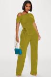 Off Shoulder Short Sleeve Pleated Drawstring Top Pants Set ME-8489