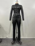 Solid Color Slim PU Zipper Two Piece Pants Set OD-8656