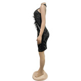 Sleeveless Mesh Hot Drill Feather Mini Dress BY-6815