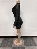 Rhinestone Drawstring False Two Piece See-Through Dress NY-3105