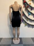 Drilling Velvet Splicing Mesh Sling Mini Dress NY-3128