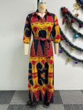 Fashion Print Lapel Tie Up Maxi Dress NY-10701