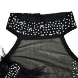 Sleeveless Mesh Hot Drill Feather Mini Dress BY-6815