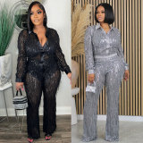 Tassel Sequins See-Through Shirt Pants Two Piece Set NY-3126