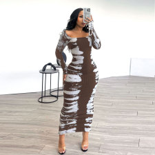 Print Long Sleeve Split Bodycon Dress NY-3136