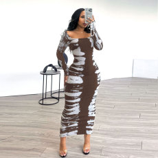 Print Long Sleeve Split Bodycon Dress NY-3136