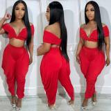 Sexy One Shoulder Deep V Neck Pleated Pants Set NY-10696