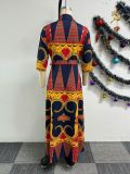 Fashion Print Lapel Tie Up Maxi Dress NY-10701