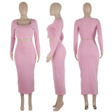Square Neck Solid Long Sleeve Skirt Two Piece Set ME-8280