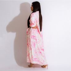 Floral Lapel Loose Long Dress HNIF-3010
