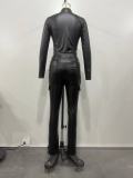 Solid Color Slim PU Zipper Two Piece Pants Set OD-8656