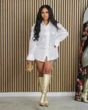 Solid Sequin Micro Flare Sleeve Shirt Dress OD-8657
