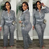 Tassel Sequins See-Through Shirt Pants Two Piece Set NY-3126
