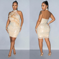Sleeveless Mesh Hot Drill Feather Mini Dress BY-6815