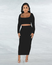 Square Neck Solid Long Sleeve Skirt Two Piece Set ME-8280