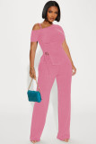 Off Shoulder Short Sleeve Pleated Drawstring Top Pants Set ME-8489