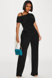 Off Shoulder Short Sleeve Pleated Drawstring Top Pants Set ME-8489