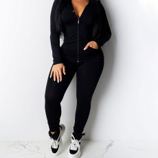 Casual Solid Zipper Hooded Pants Two Piece Set HNIF-9547
