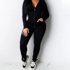 Casual Solid Zipper Hooded Pants Two Piece Set HNIF-9547