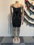 Drilling Velvet Splicing Mesh Sling Mini Dress NY-3128