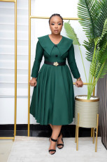 Solid Color V-Neck Big Swing Midi Dress BGN-337