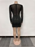 Rhinestone Drawstring False Two Piece See-Through Dress NY-3105