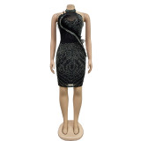 Sleeveless Mesh Hot Drill Feather Mini Dress BY-6815