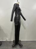 Solid Color Slim PU Zipper Two Piece Pants Set OD-8656