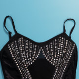 Drilling Velvet Splicing Mesh Sling Mini Dress NY-3128