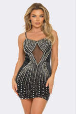 Drilling Velvet Splicing Mesh Sling Mini Dress NY-3128