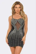 Drilling Velvet Splicing Mesh Sling Mini Dress NY-3128