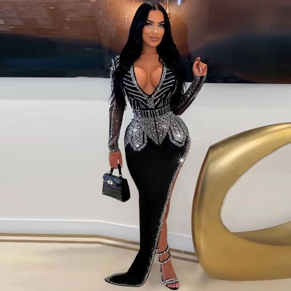 Sexy Hot Drill V Neck Split Maxi Dress NY-3109