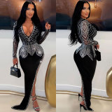 Sexy Hot Drill V Neck Split Maxi Dress NY-3109