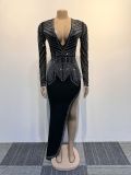 Sexy Hot Drill V Neck Split Maxi Dress NY-3109