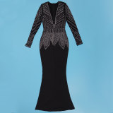 Hot Drill V Neck Long Sleeve Maxi Dress NY-3108