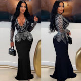 Hot Drill V Neck Long Sleeve Maxi Dress NY-3108