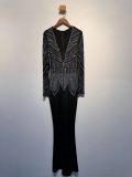 Hot Drill V Neck Long Sleeve Maxi Dress NY-3108